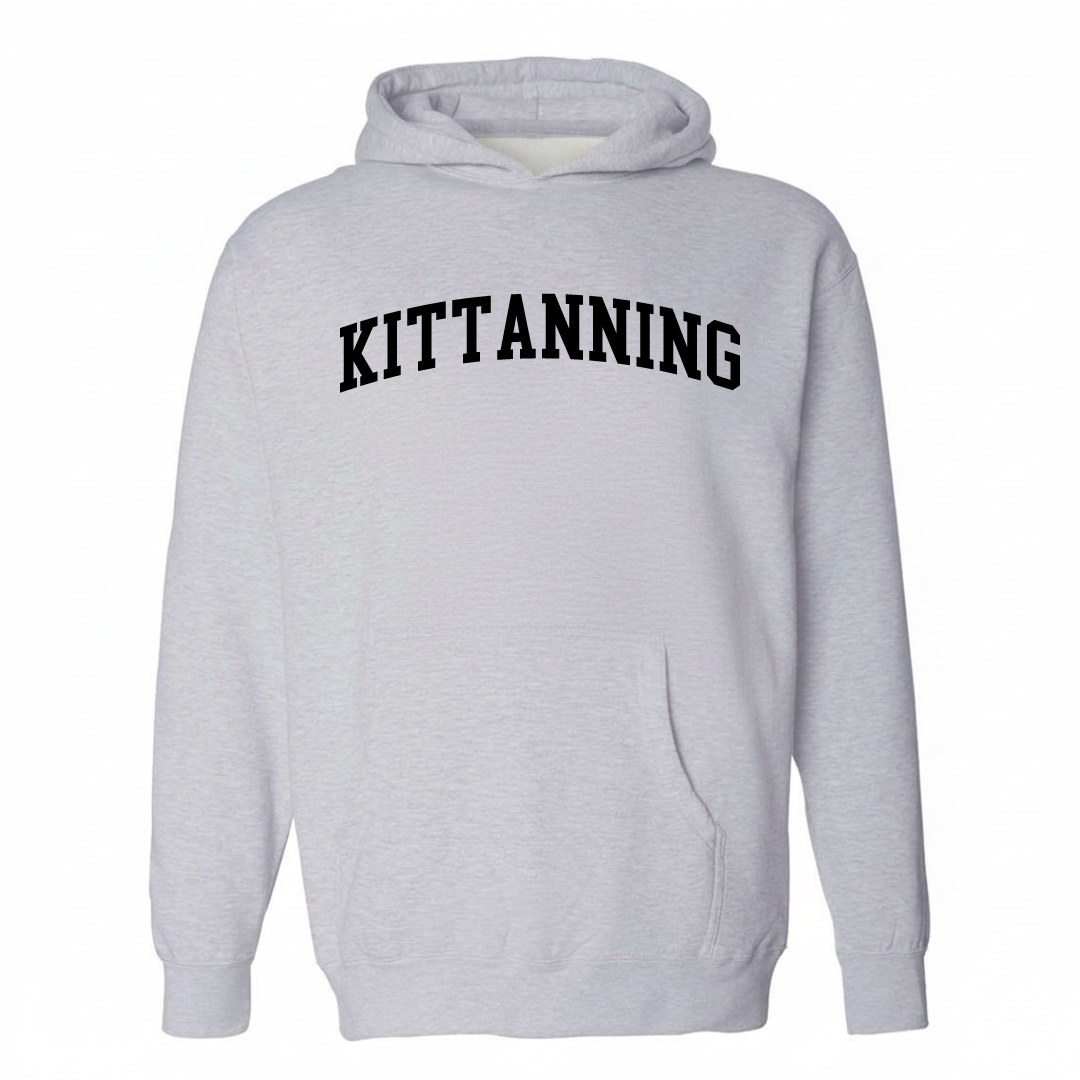 Heather-gray hoodie with the Kittanning varsity arched lettering design on the chest.