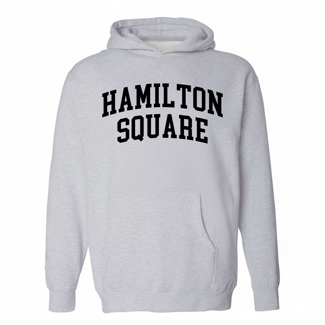 Heather-gray hoodie with the Hamilton Square varsity arched lettering design on the chest.