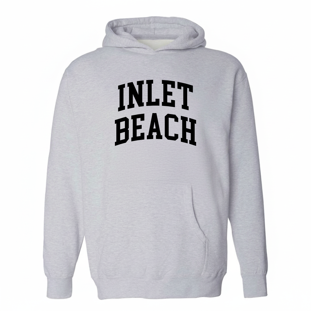 Heather-gray hoodie with Inlet Beach varsity arched lettering design on the chest.