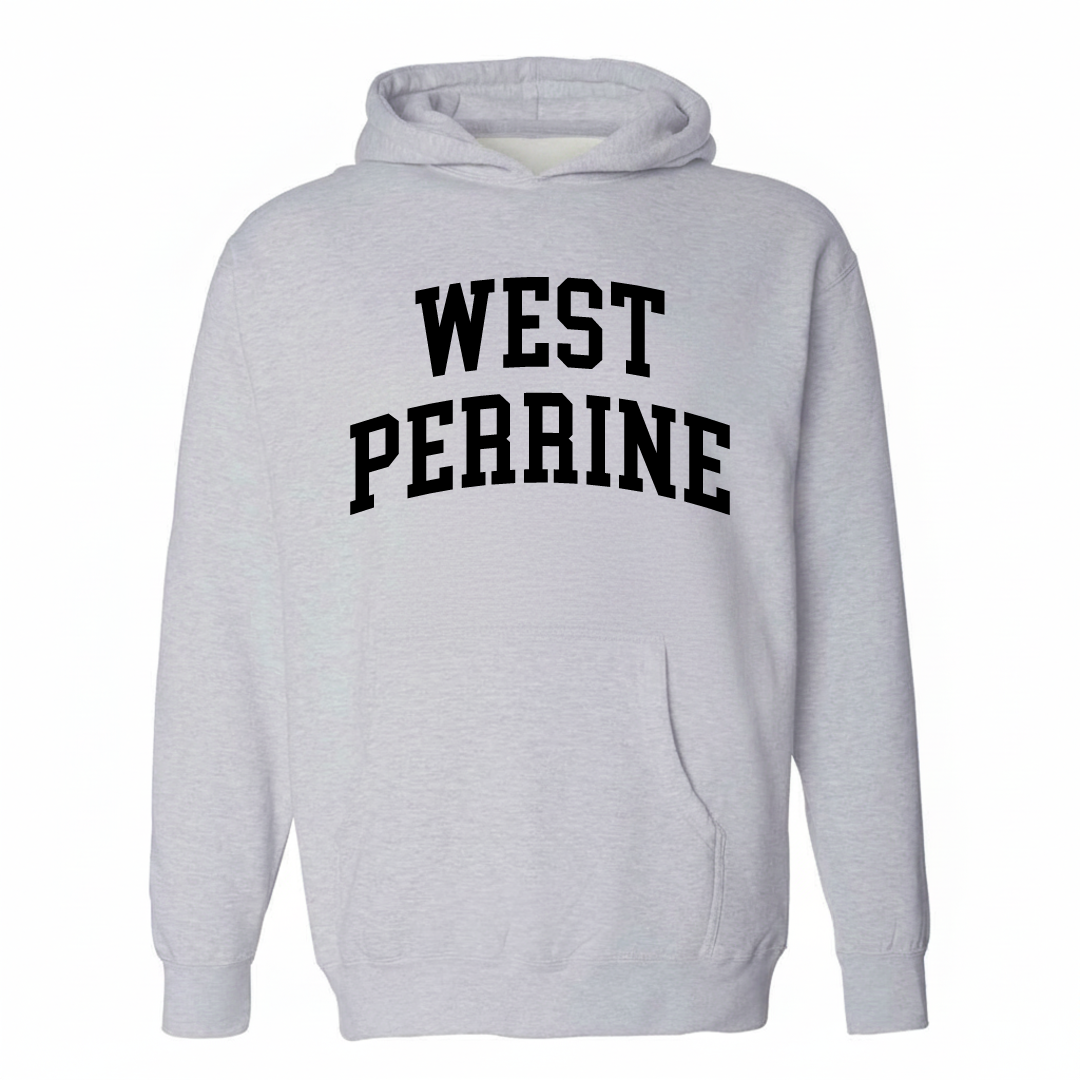 Heather-gray hoodie with the West Perrine arched varsity lettering design on the chest.