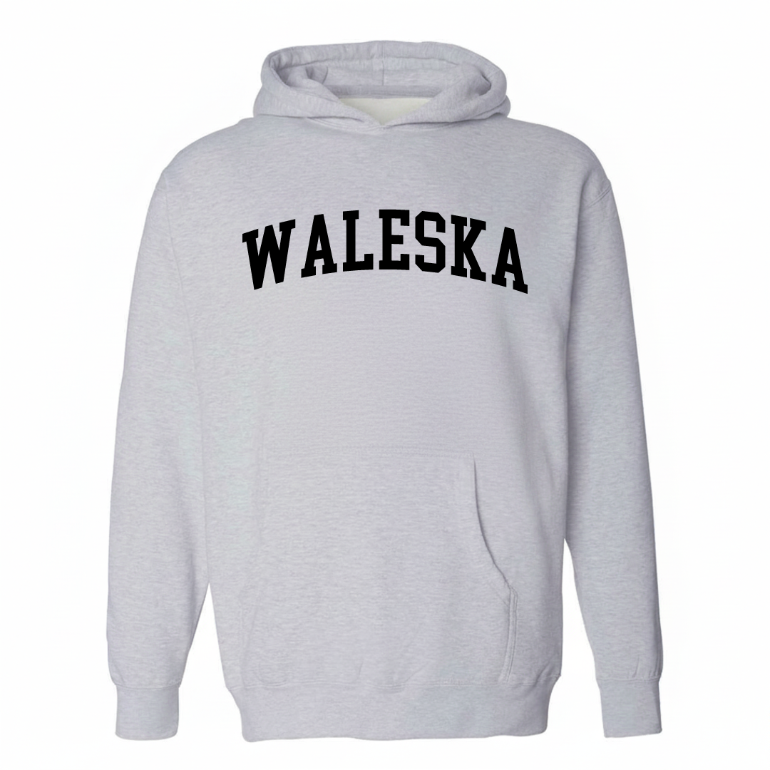Heather-gray hoodie with the Waleska varsity arched lettering design on the chest.