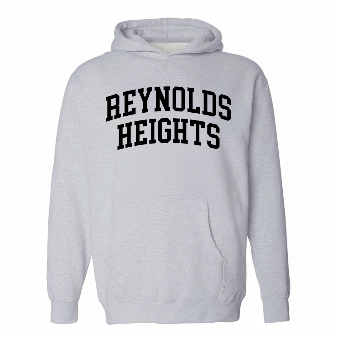 Heather-gray hoodie with the Reynolds Heights varsity arched lettering design on the chest.