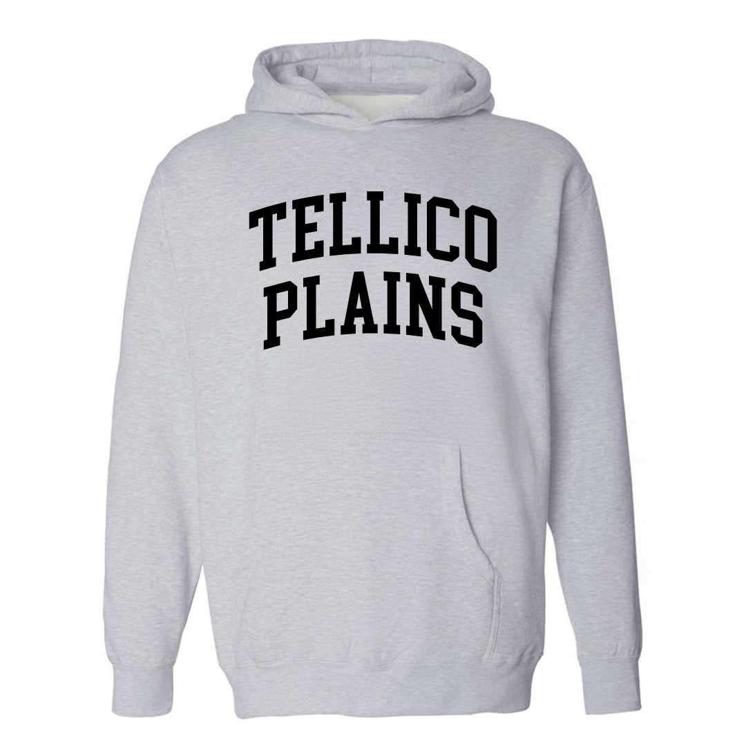 Heather-gray hoodie with the Tellico Plains varsity arched lettering design on the chest.