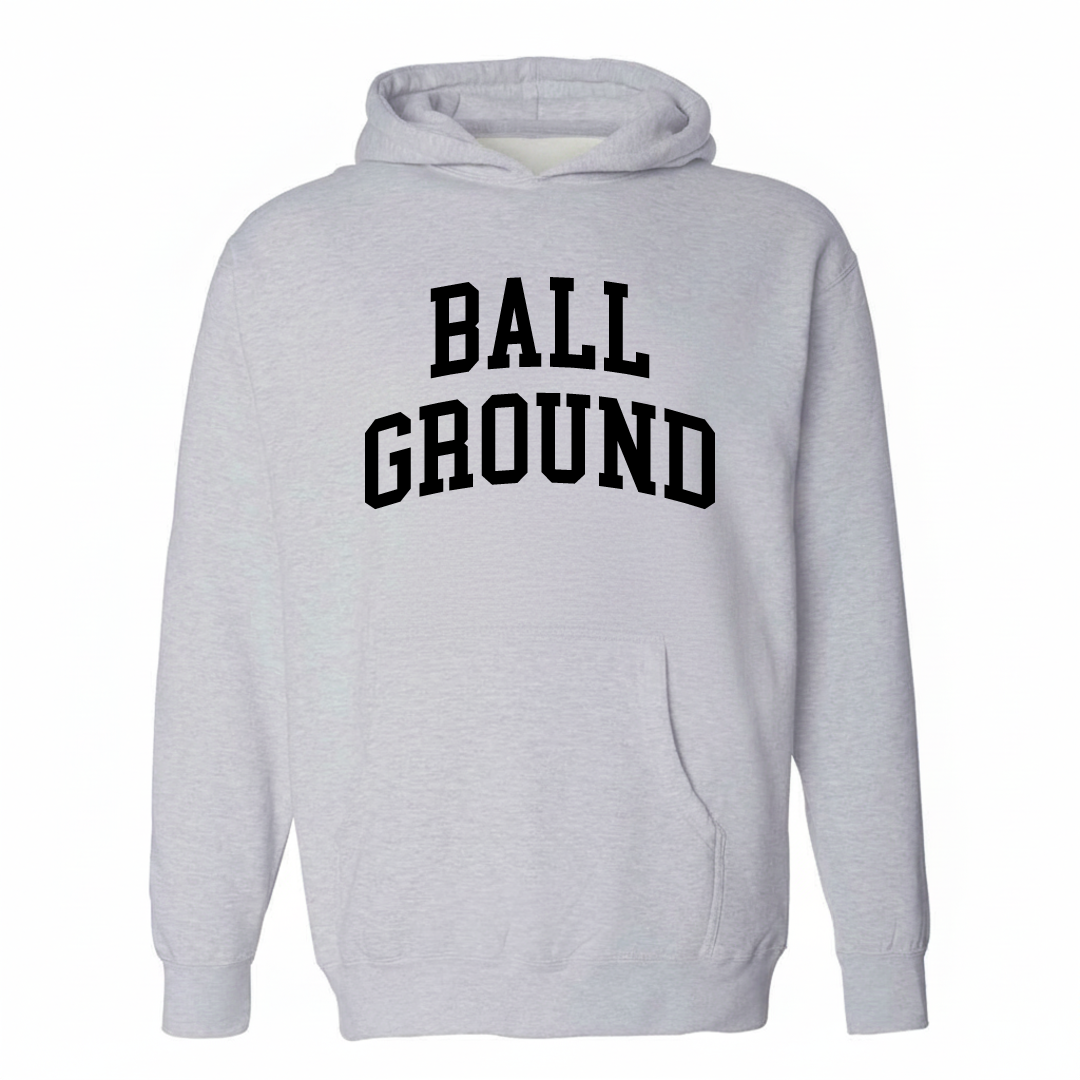 Heather-gray hoodie with the Ball Ground arched varsity lettering design on the chest.