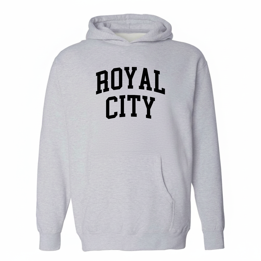 Heather-gray hoodie with the Royal City arched lettering varsity-collegiate design on the chest.
