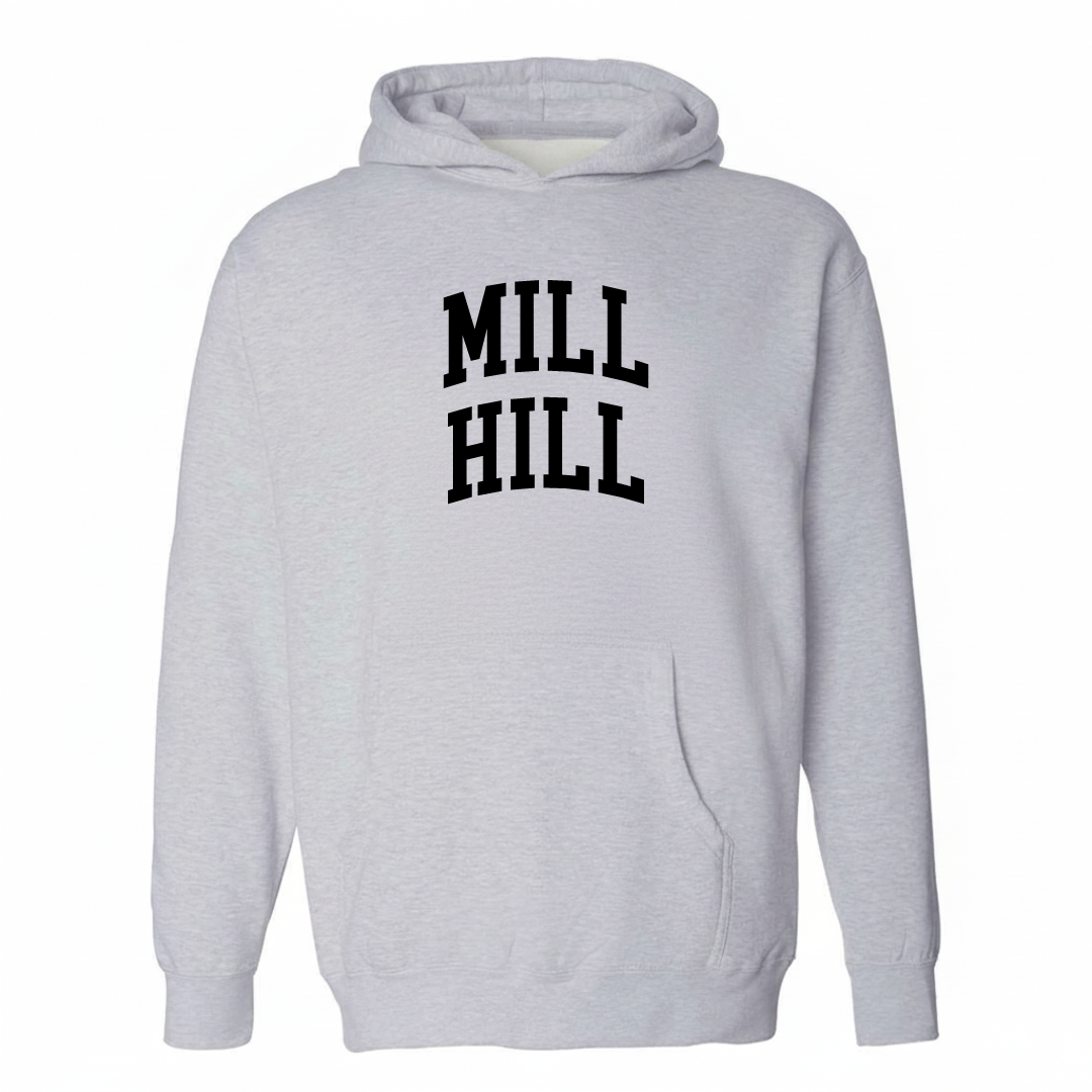 Heather-gray hoodie with the Mill Hill arched lettering design on the chest.