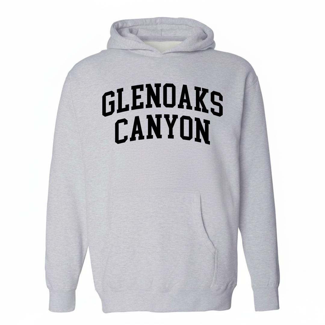 Heather-gray hoodie with the Glenoaks Canyon arched lettering design on the chest.