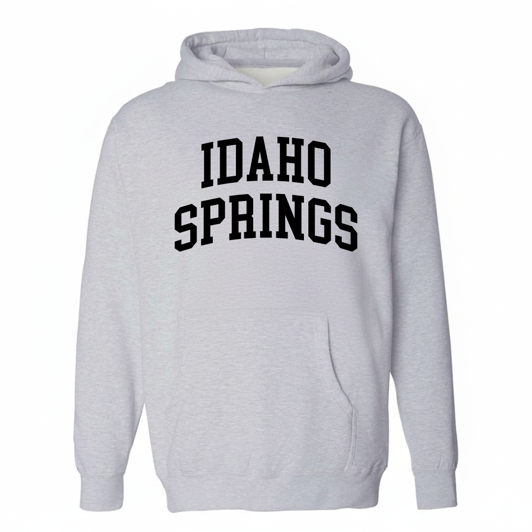 Heather-gray hoodie with the Idaho Springs varsity arched lettering design on the chest.