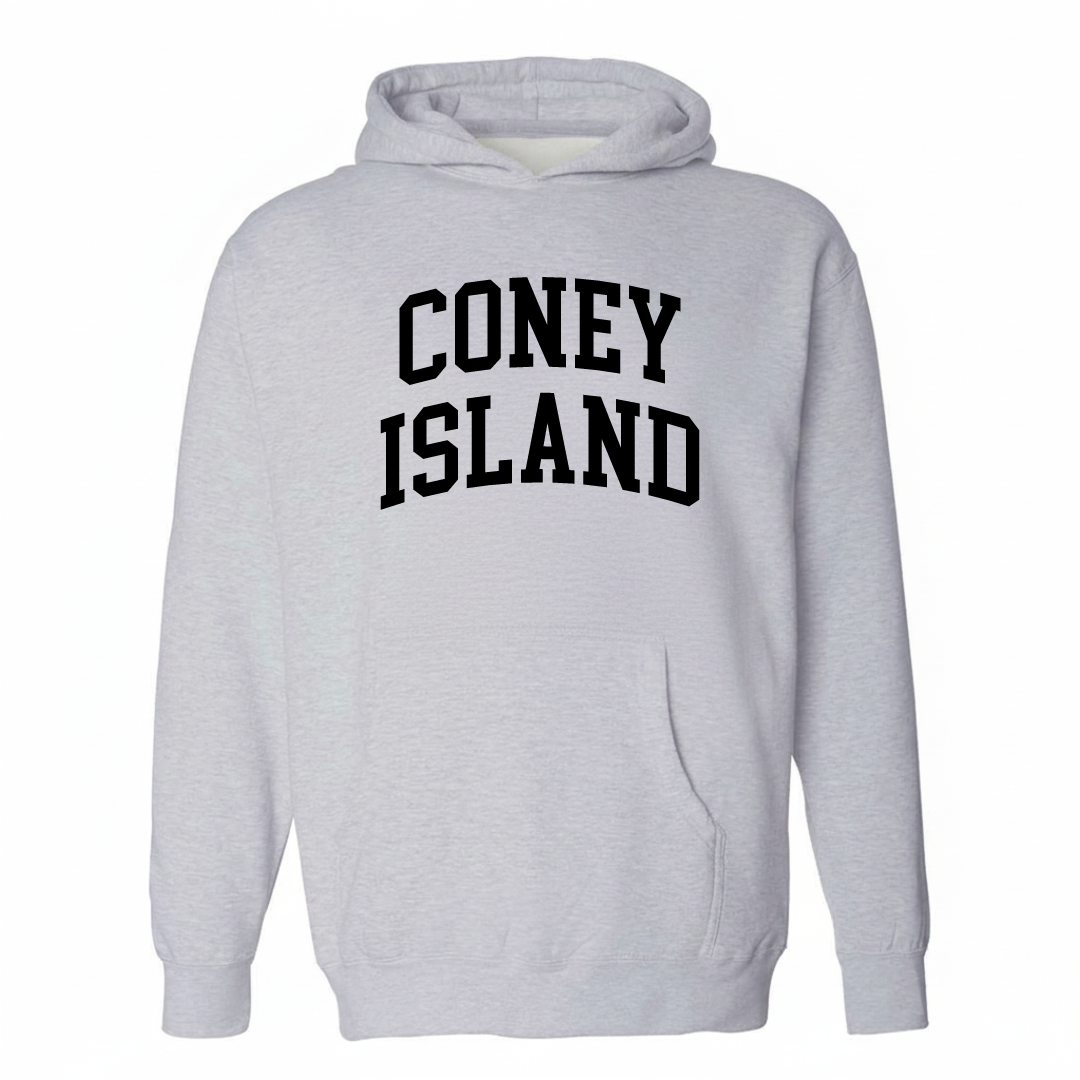 Heather-gray hoodie with the Coney Island arched varsity lettering design on the chest.