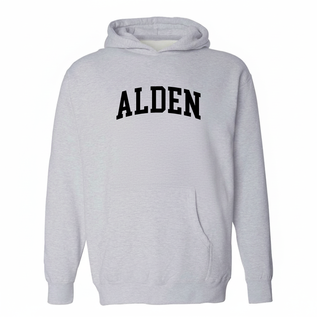 Heather-gray hoodie with the Alden varsity arched lettering design on the chest.