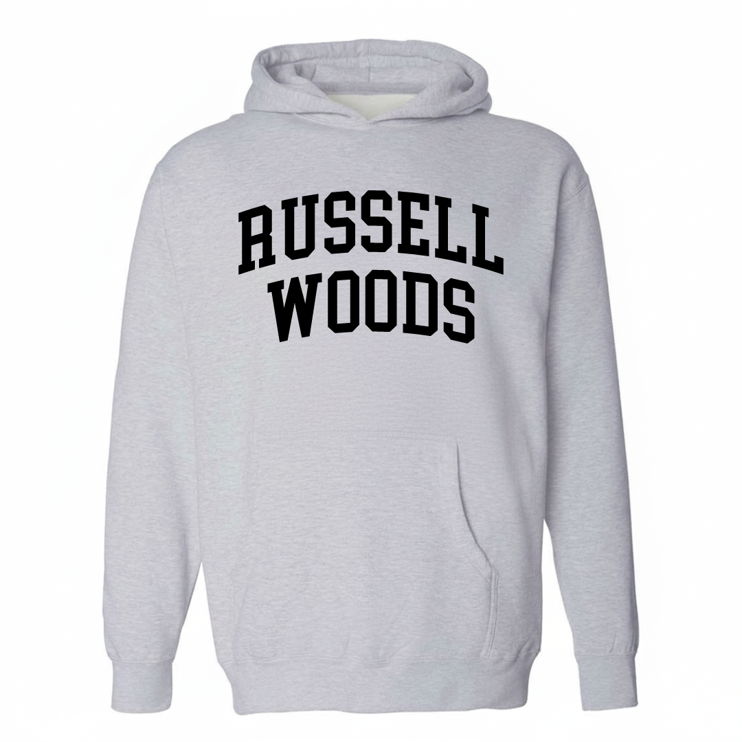 Heather-gray hoodie with the Russell Woods arched lettering varsity-collegiate design on the chest.