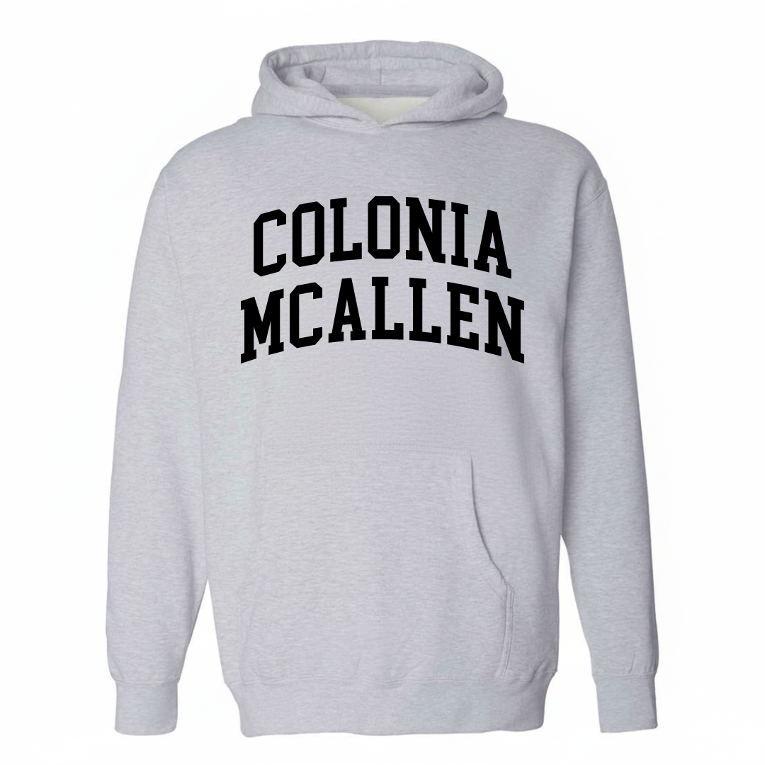 Heather-gray hoodie with the Colonia McAllen varsity arched lettering design on the chest.