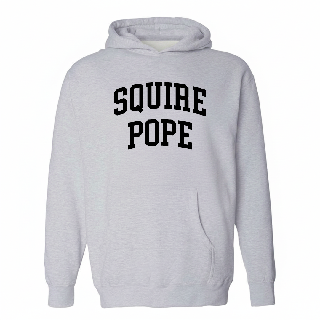 Heather-gray hoodie with the Squire Pope varsity arched lettering design on the chest.