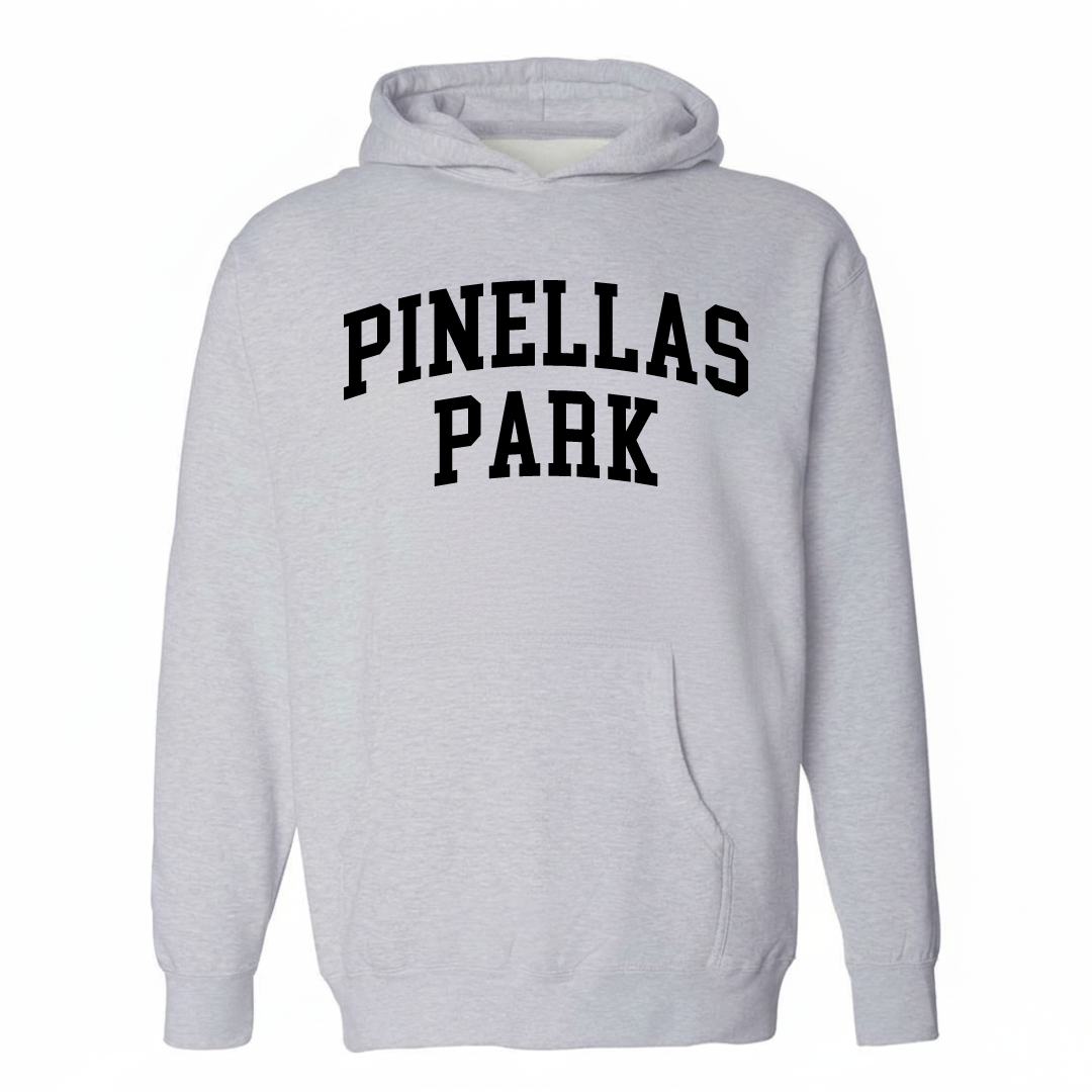 Heather-gray hoodie with the Pinellas Park varsity arched lettering design on the chest.