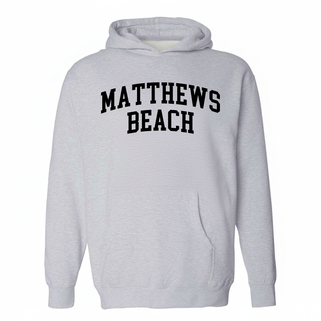 Heather-gray hoodie with the Matthews Beach arched lettering varsity-collegiate design on the chest.