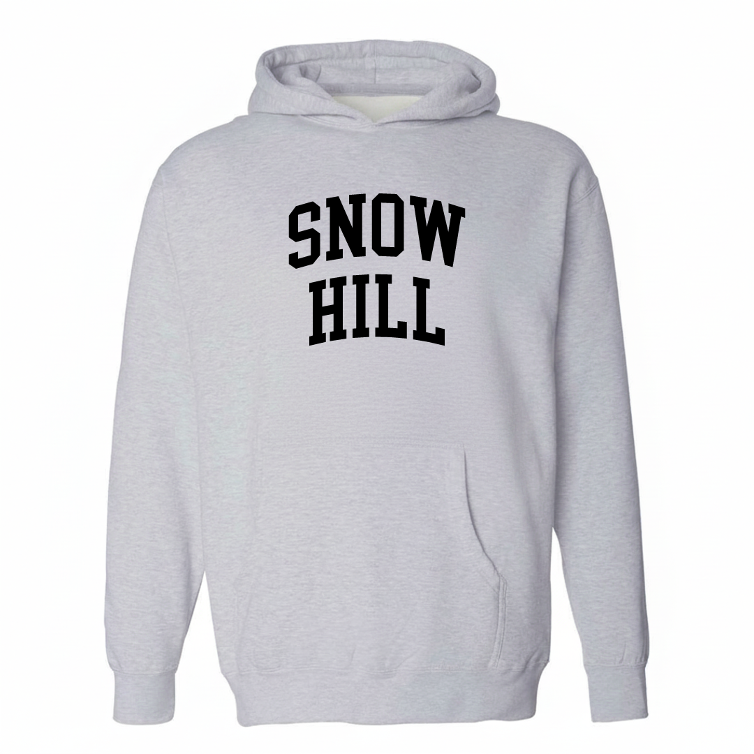 Heather-gray hoodie with the Snow Hill arched varsity lettering design on the chest.
