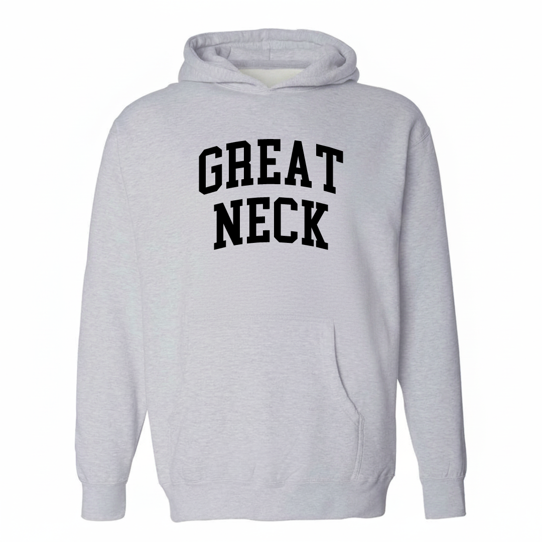 Heather-gray hoodie with the Great Neck varsity arched lettering design on the chest.