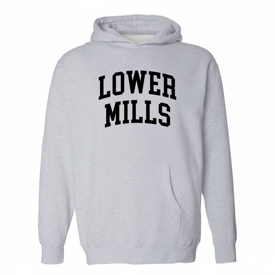 Heather-gray hoodie with the Lower Mills arched lettering varsity-collegiate design on the chest.