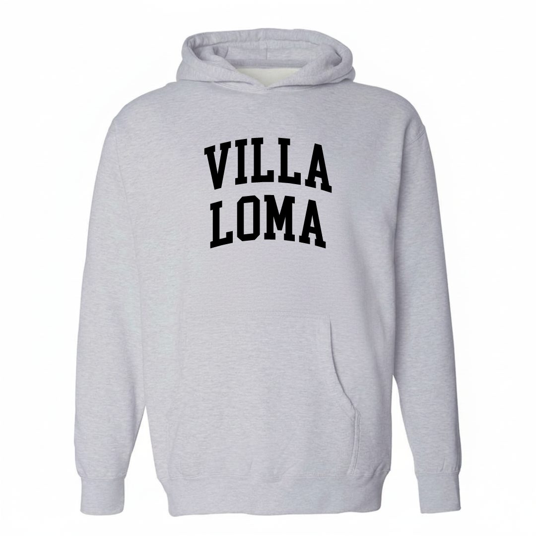 Heather-gray hoodie with the Villa Loma arched lettering design on the chest.
