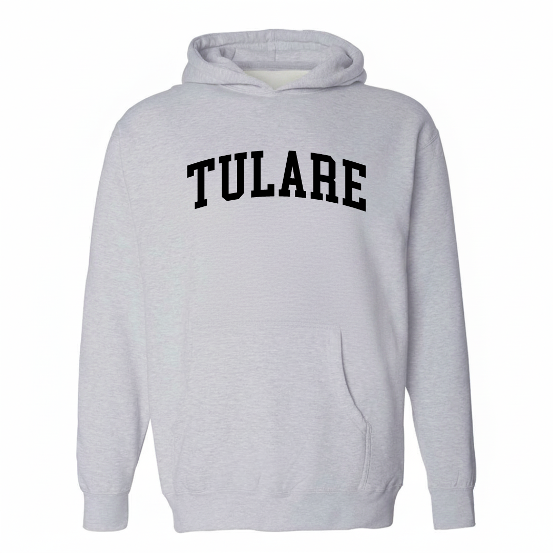 Heather-gray hoodie with the Tulare arched lettering varsity-collegiate design on the chest.