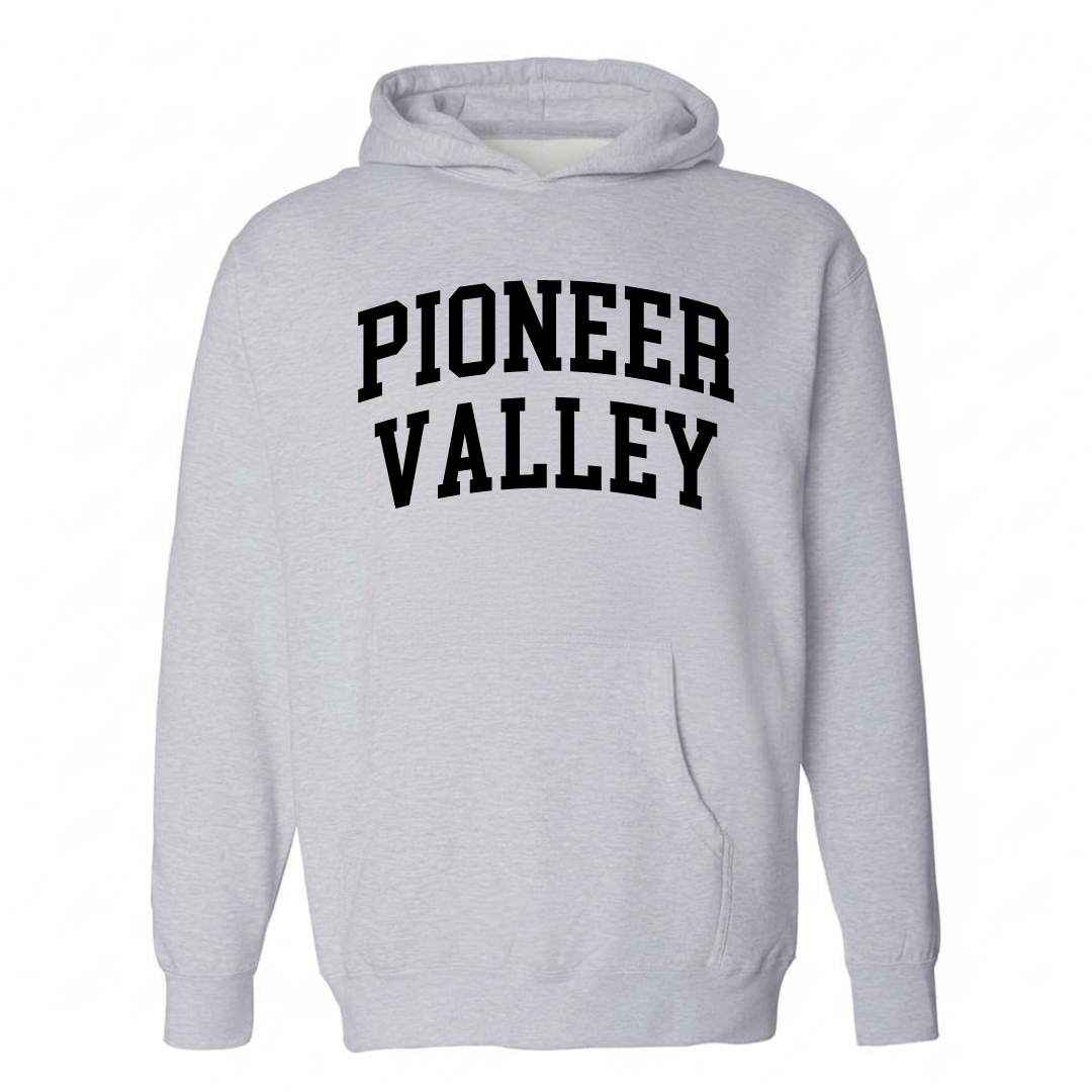 Heather-gray hoodie with the Pioneer Valley varsity arched lettering design on the chest.