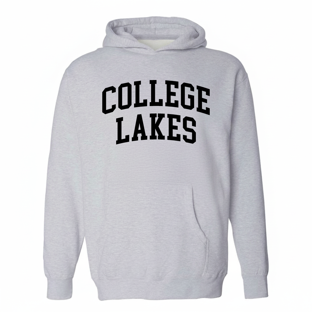 Heather-gray hoodie with the College Lakes varsity arched lettering design on the chest.