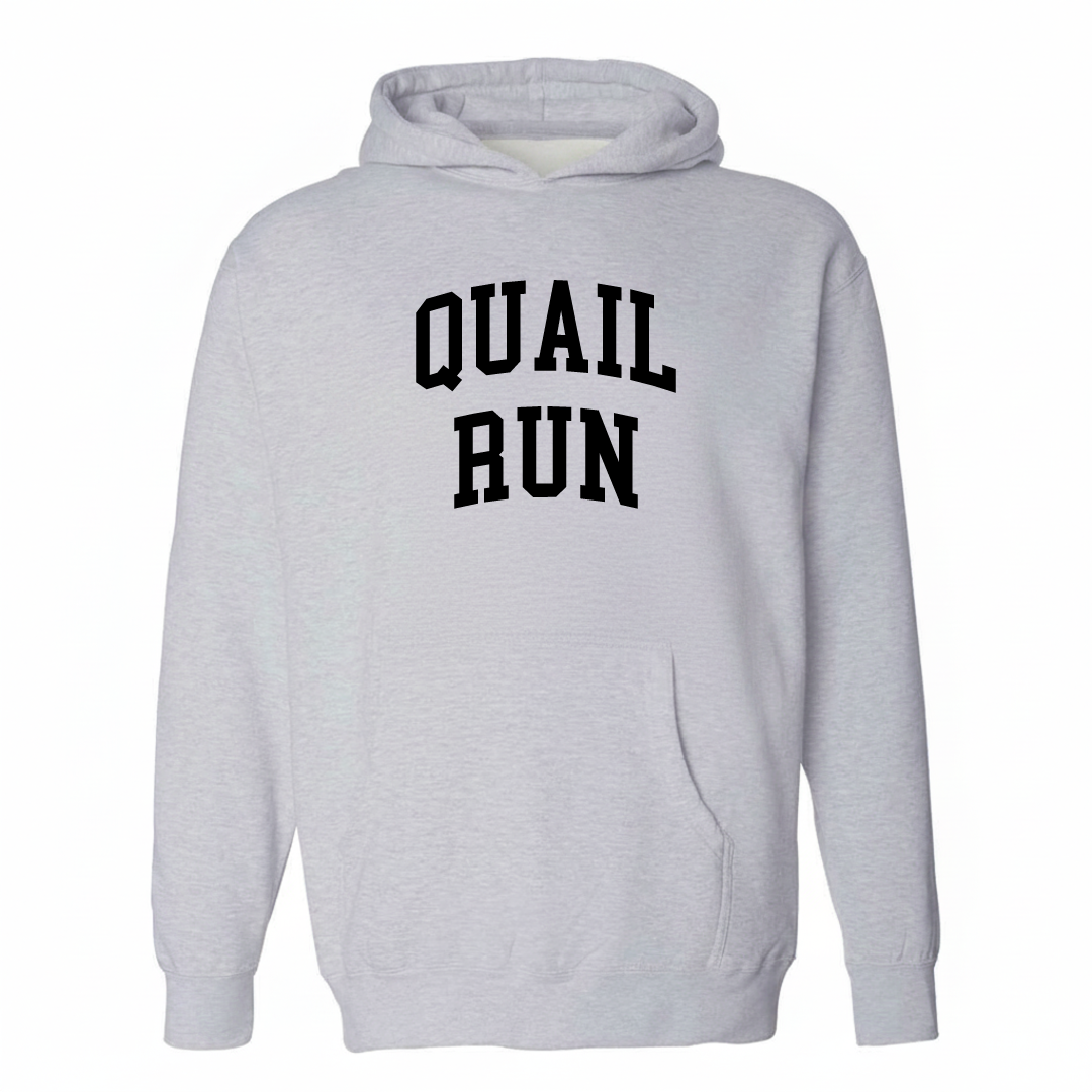 Heather-gray hoodie with the Quail Run varsity arched lettering design on the chest.