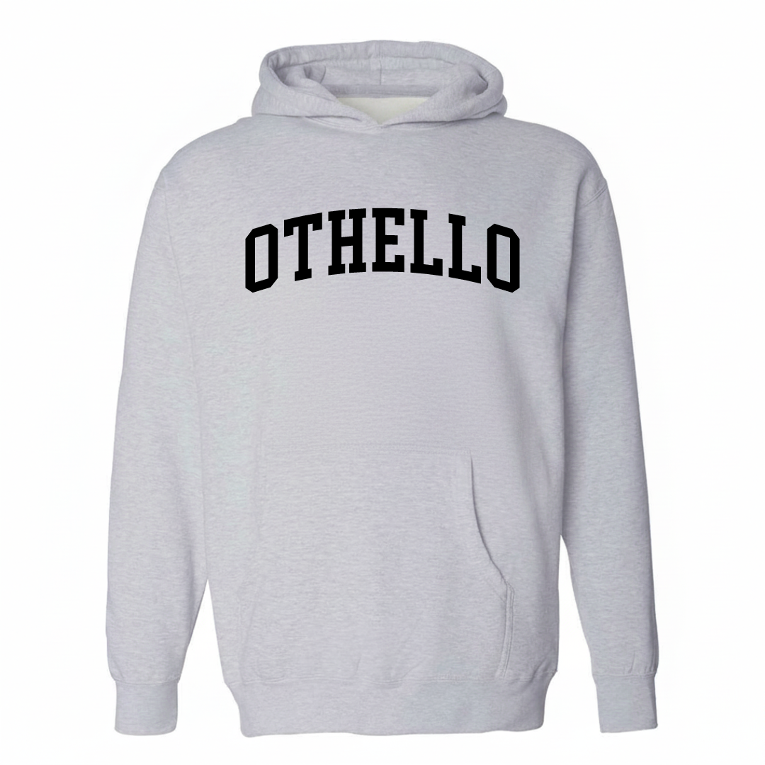 Heather-gray hoodie with the Othello varsity arched lettering design on the chest.