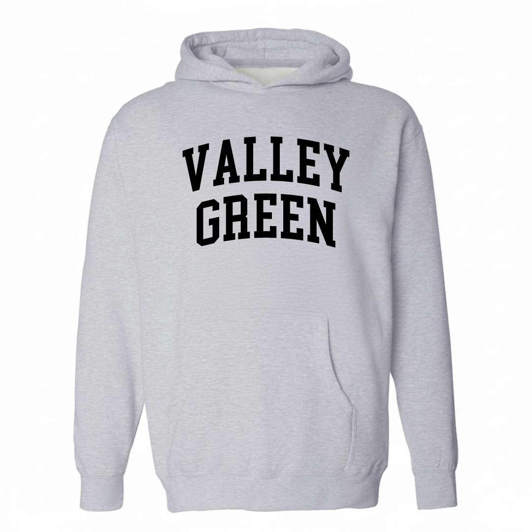Heather-gray hoodie with the Valley Green arched lettering design on the chest.