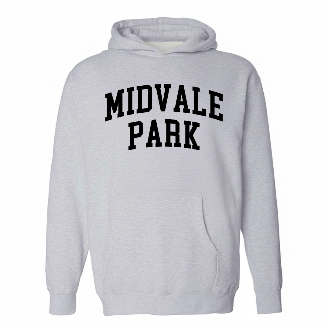 Heather-gray hoodie with the Midvale Park varsity arched lettering design on the chest.