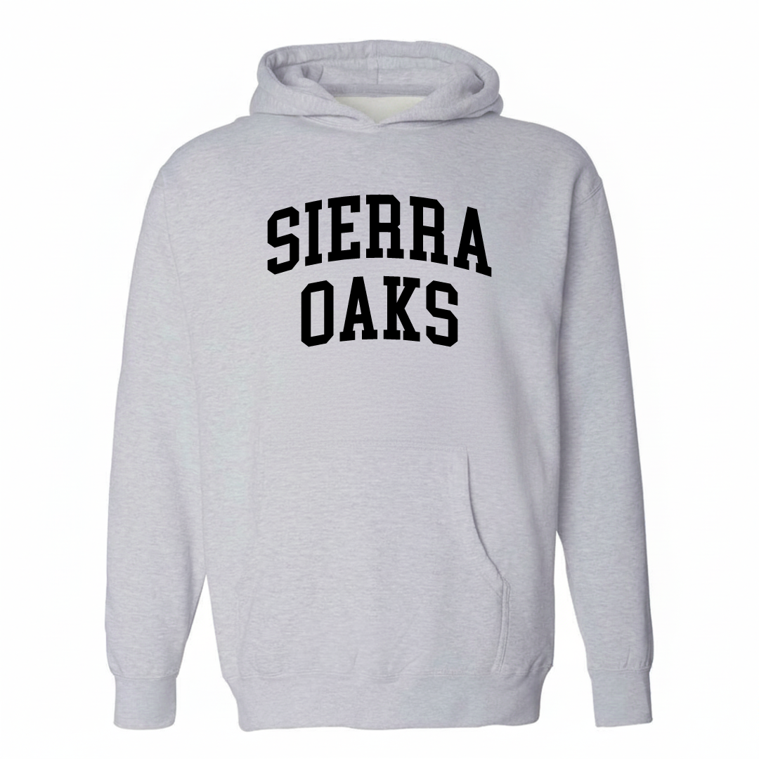 Heather-gray hoodie with the Sierra Oaks arched lettering design on the chest.