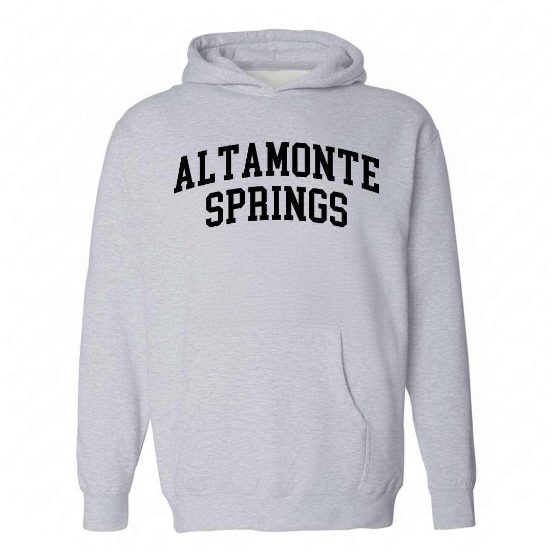 Heather-gray hoodie with the Altamonte Springs varsity arched lettering design on the chest.