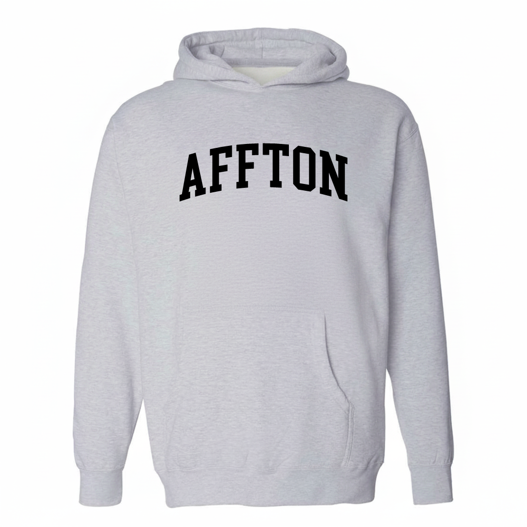 Heather-gray hoodie with the Affton varsity arched lettering design on the chest.