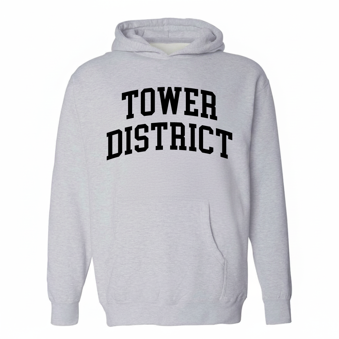 Heather-gray hoodie with the Tower District varsity arched lettering design on the chest.