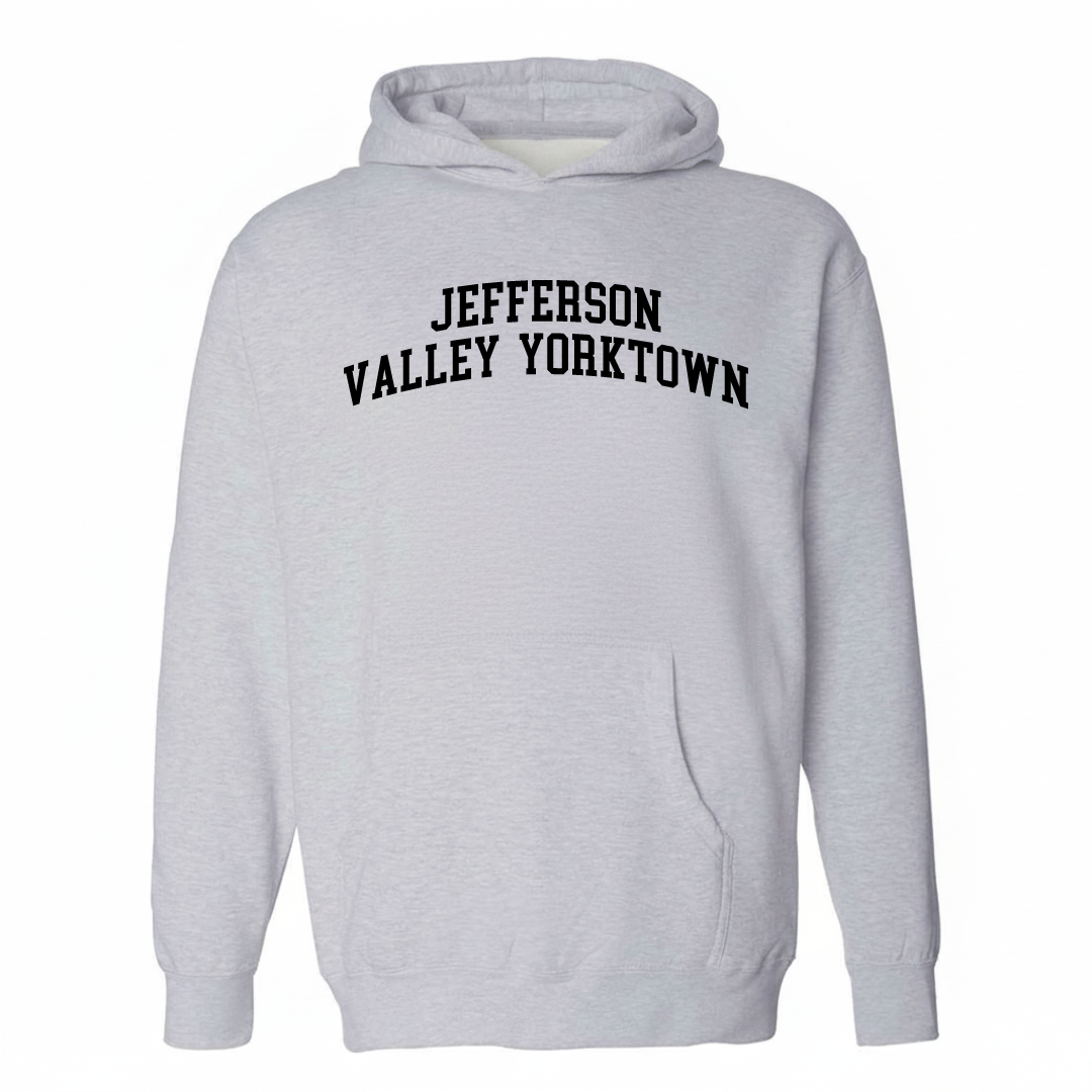 Heather-gray hoodie with the Jefferson Valley-Yorktown varsity arched lettering design on the chest.