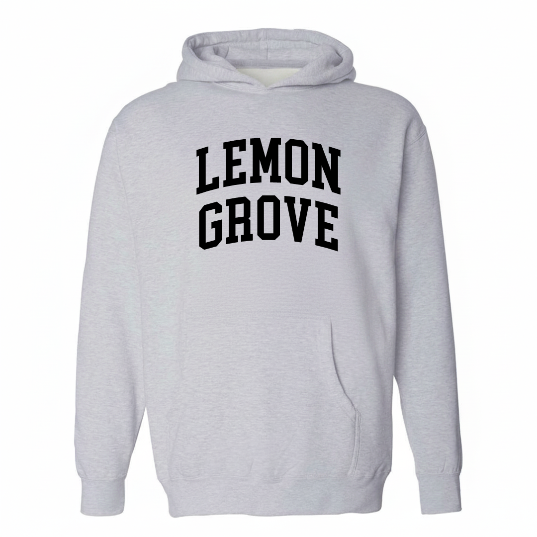 Heather-gray hoodie with the Lemon Grove varsity arched lettering design on the chest.
