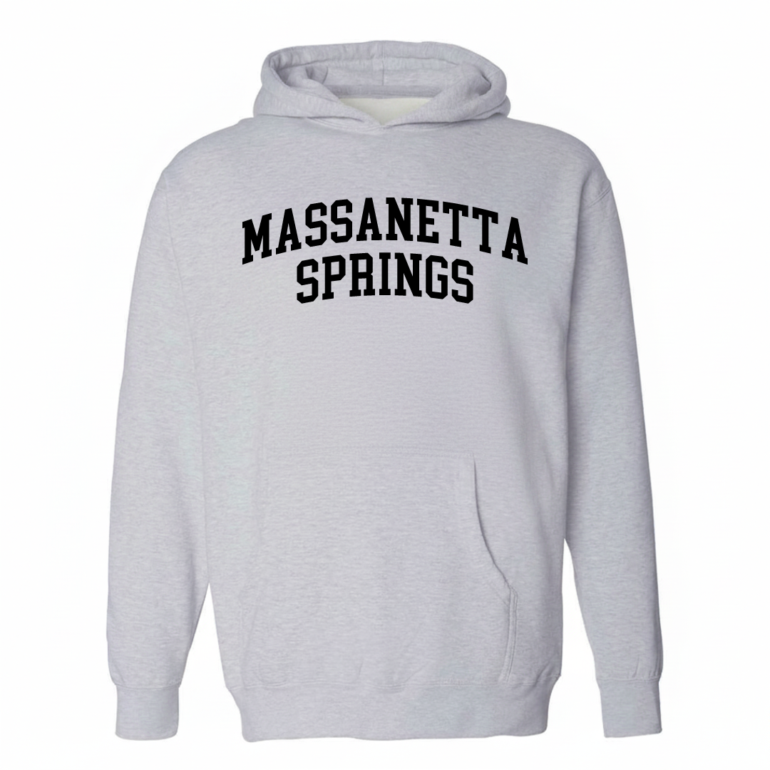 Heather-gray hoodie with the Massanetta Springs arched lettering design on the chest.