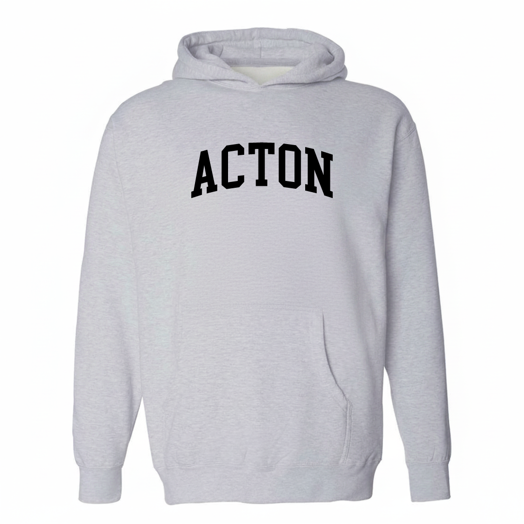 Heather-gray hoodie with the Acton Maine varsity arched lettering design on the chest.