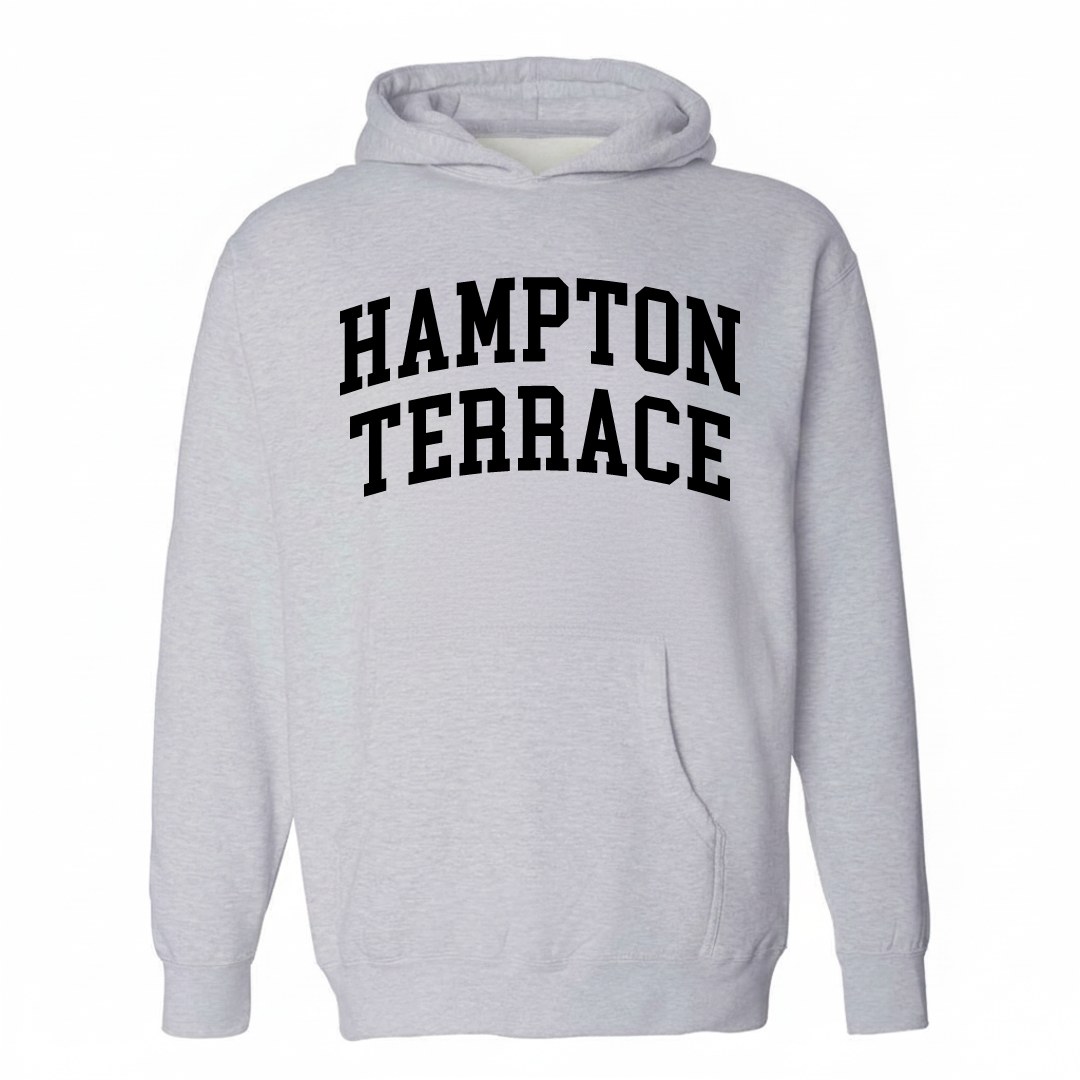 Heather-gray hoodie with the Hampton Terrace varsity arched lettering design on the chest.