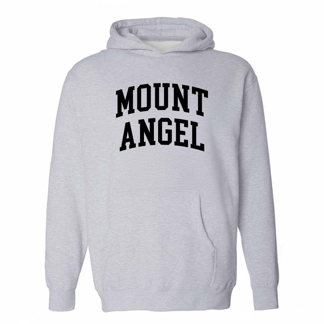 Heather-gray hoodie with the Mount Angel varsity arched lettering design on the chest.