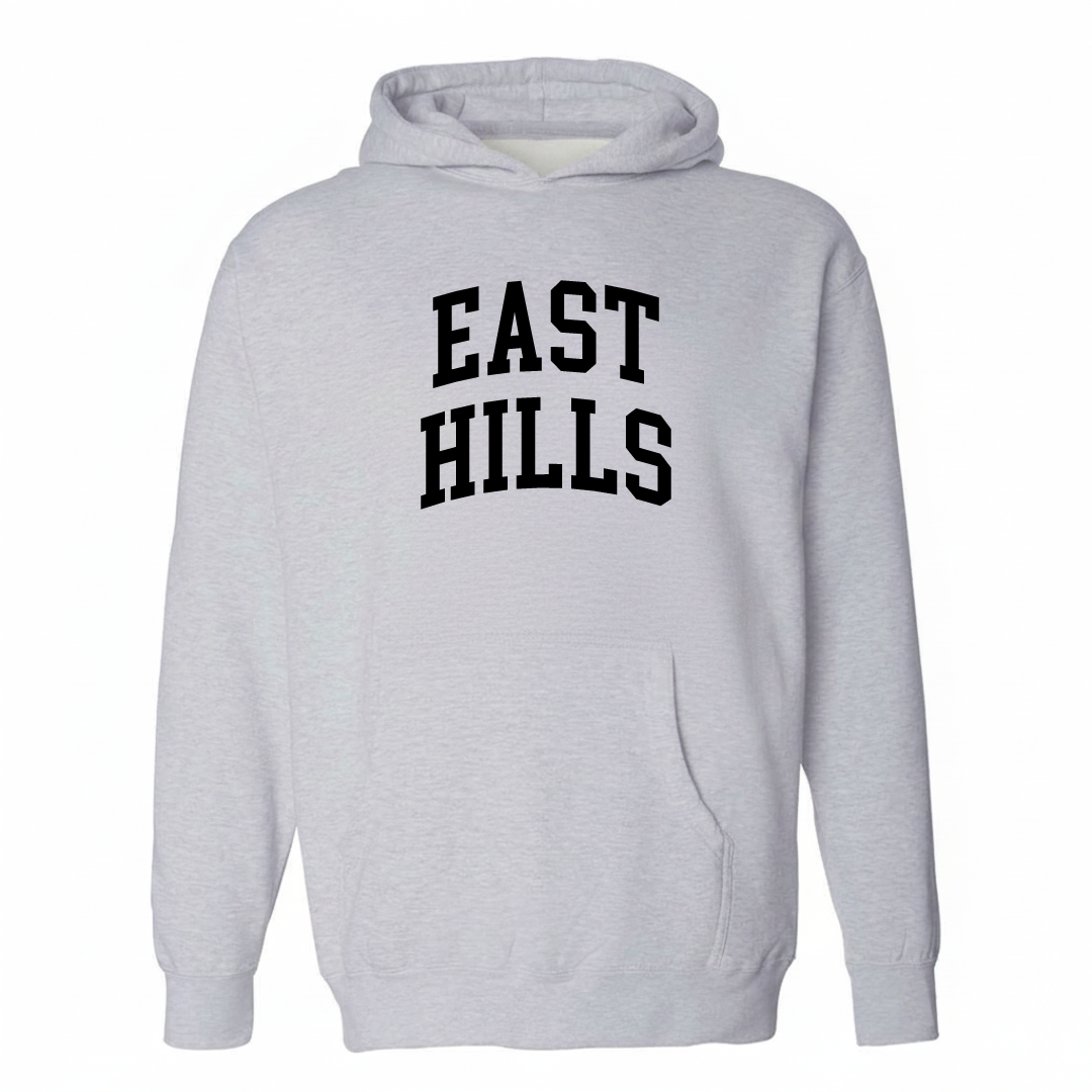 Heather-gray hoodie with the East Hills varsity arched lettering design on the chest.