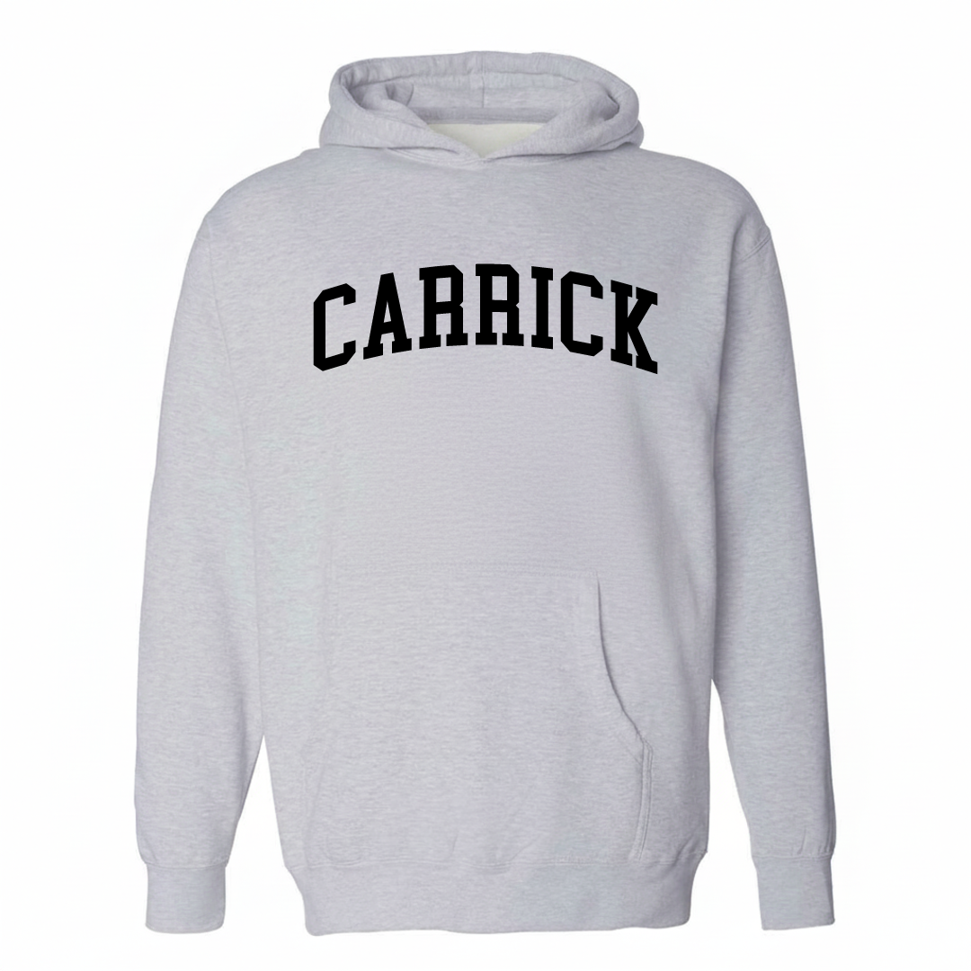 Heather-gray hoodie with the Carrick varsity arched lettering design on the chest.