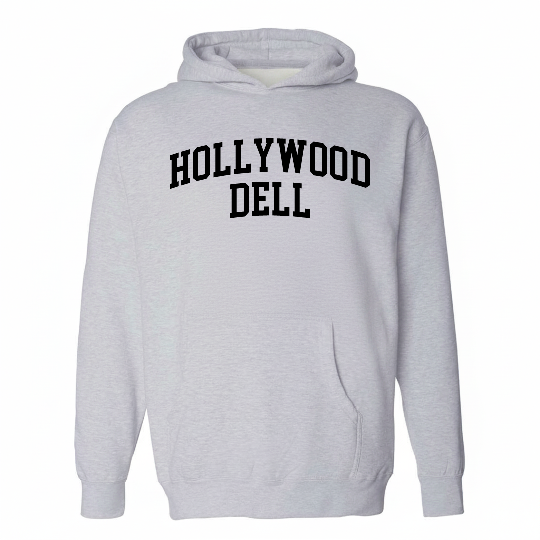 Heather-gray hoodie with the Hollywood Dell varsity arched lettering design on the chest.