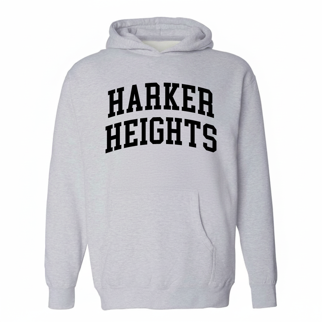 Heather-gray hoodie with the Harker Heights varsity arched lettering design on the chest.
