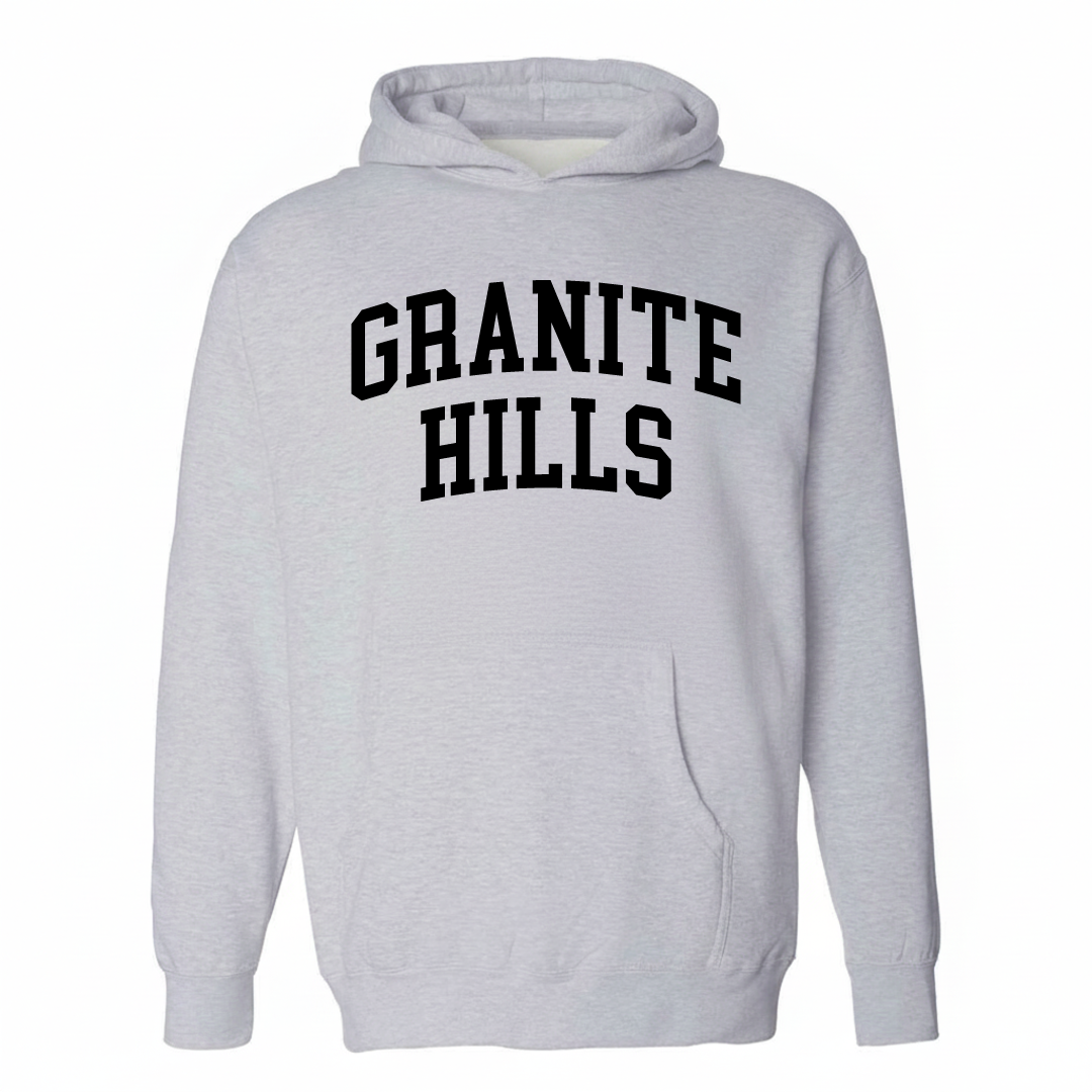 Heather-gray hoodie with the Granite Hills varsity arched lettering design on the chest.