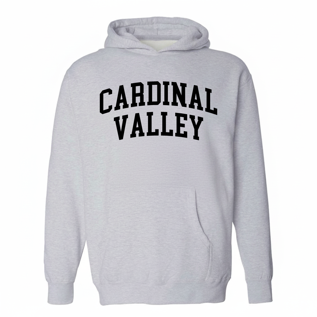 Heather-gray hoodie with the Cardinal Valley arched lettering design on the chest.