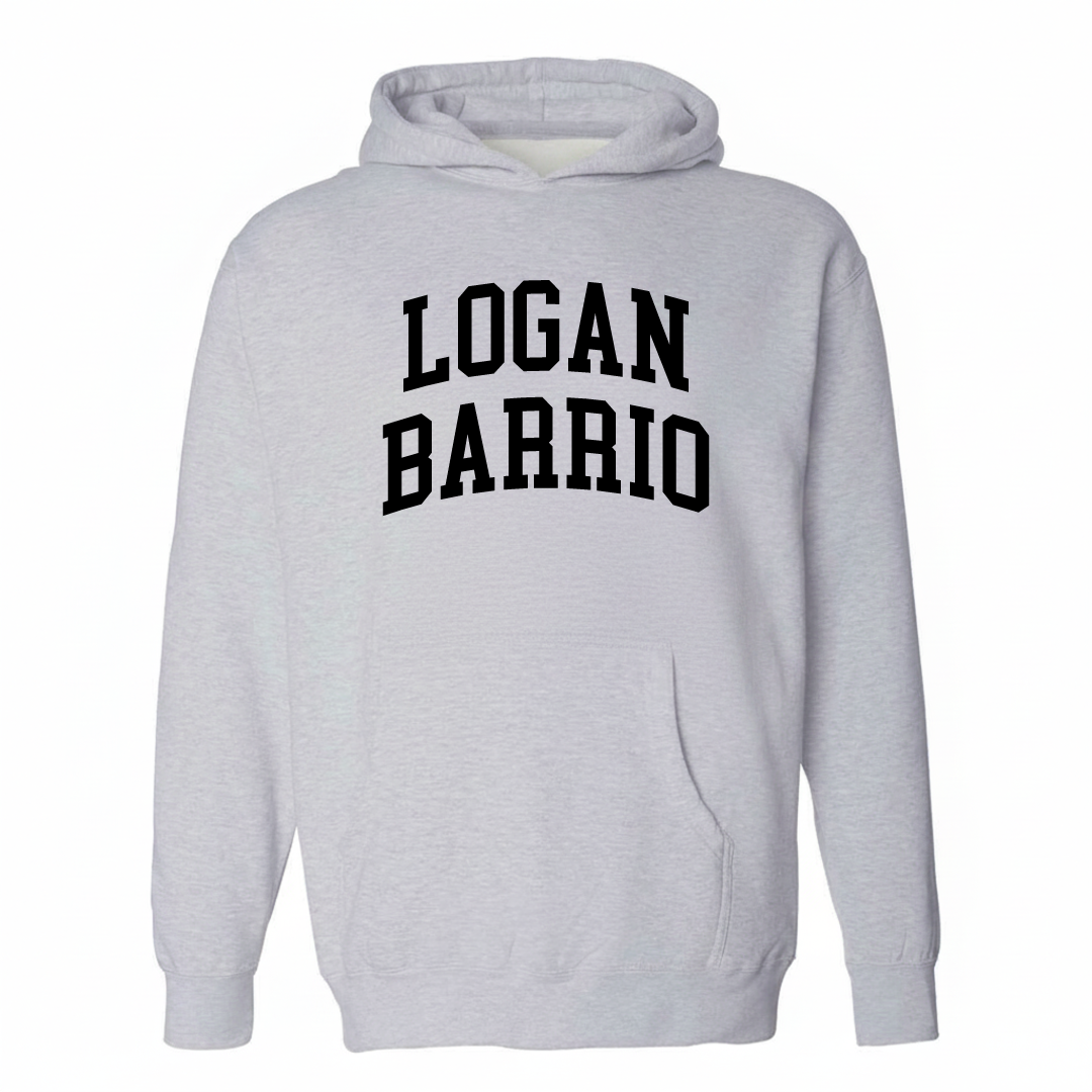 Heather-gray hoodie with the Logan Barrio varsity arched lettering design on the chest.