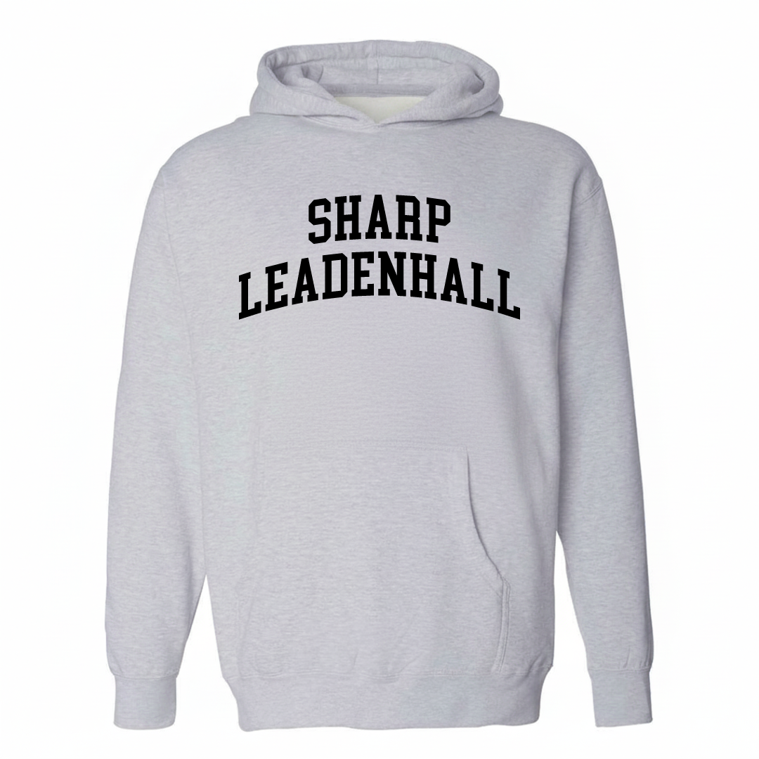 Heather-gray hoodie with the Sharp-Leadenhall varsity arched lettering design on the chest.