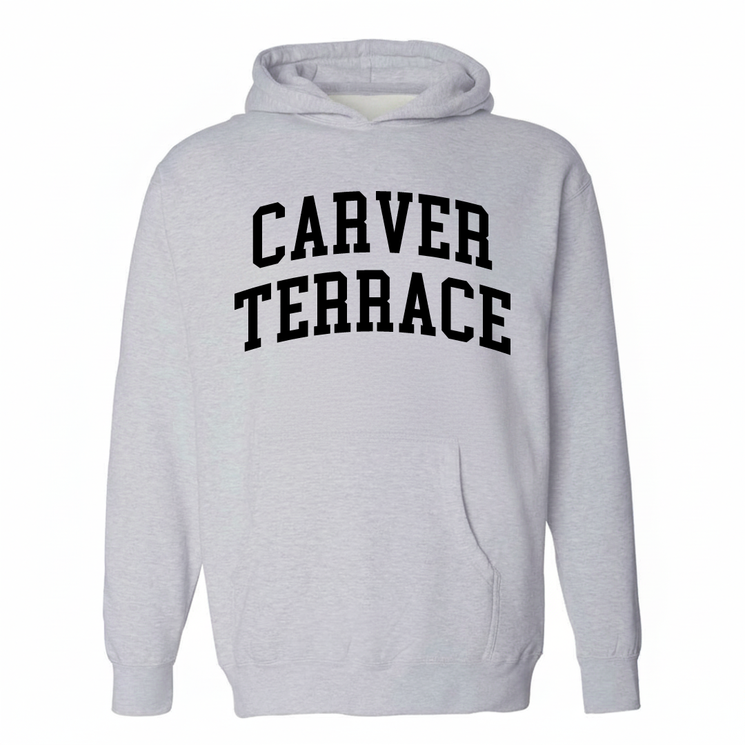 Heather-gray hoodie with the Carver Terrace varsity arched lettering design on the chest.