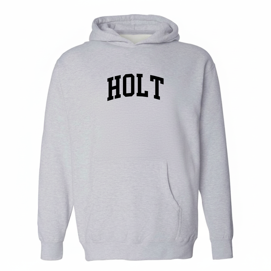 Heather-gray hoodie with the Holt arched varsity lettering design on the chest.